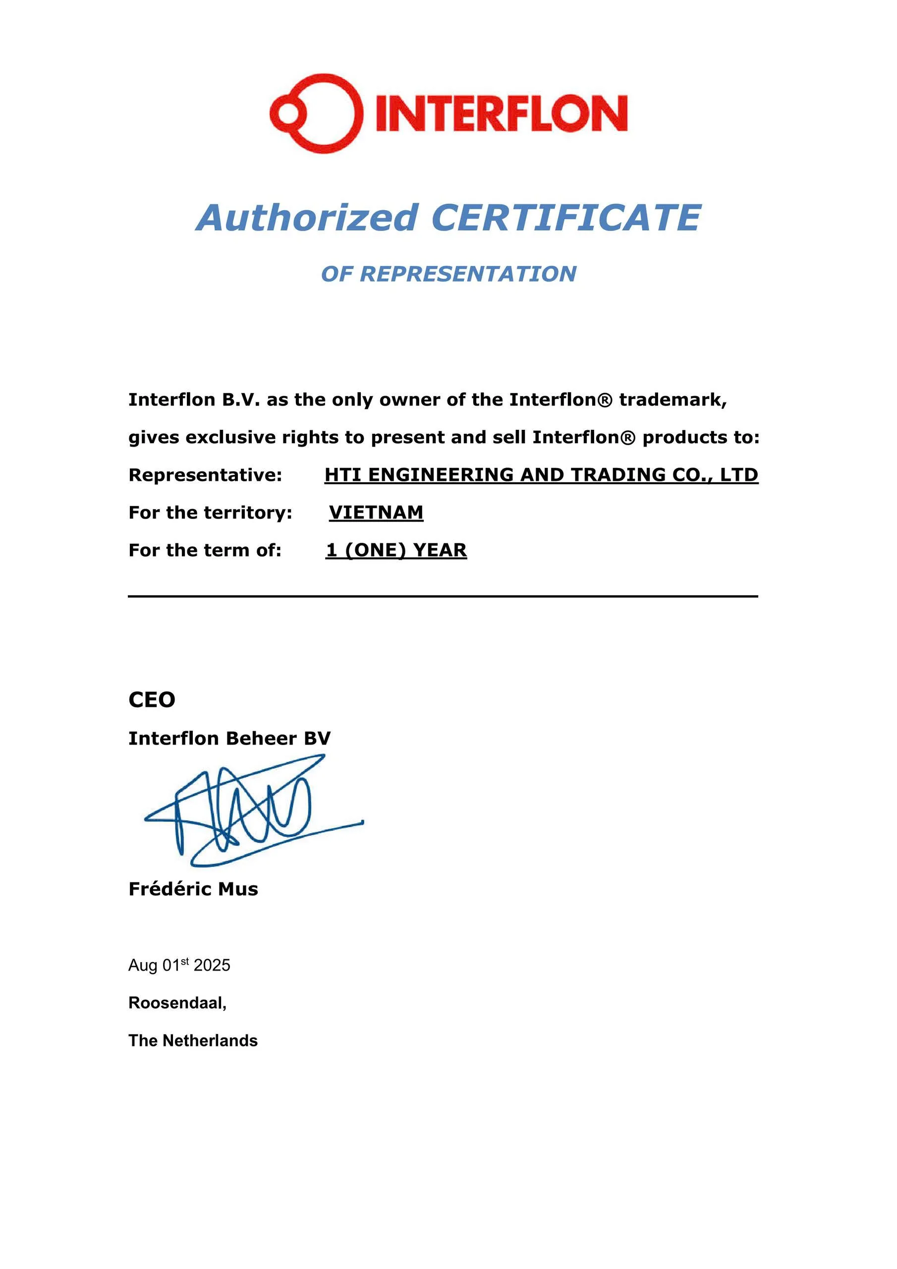 Giấy chứng nhận ủy quyền Interflon Việt Nam